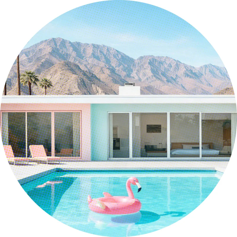Aluminiumbild Modernes Poolhaus mit Palmen und Bergkulisse Kreis