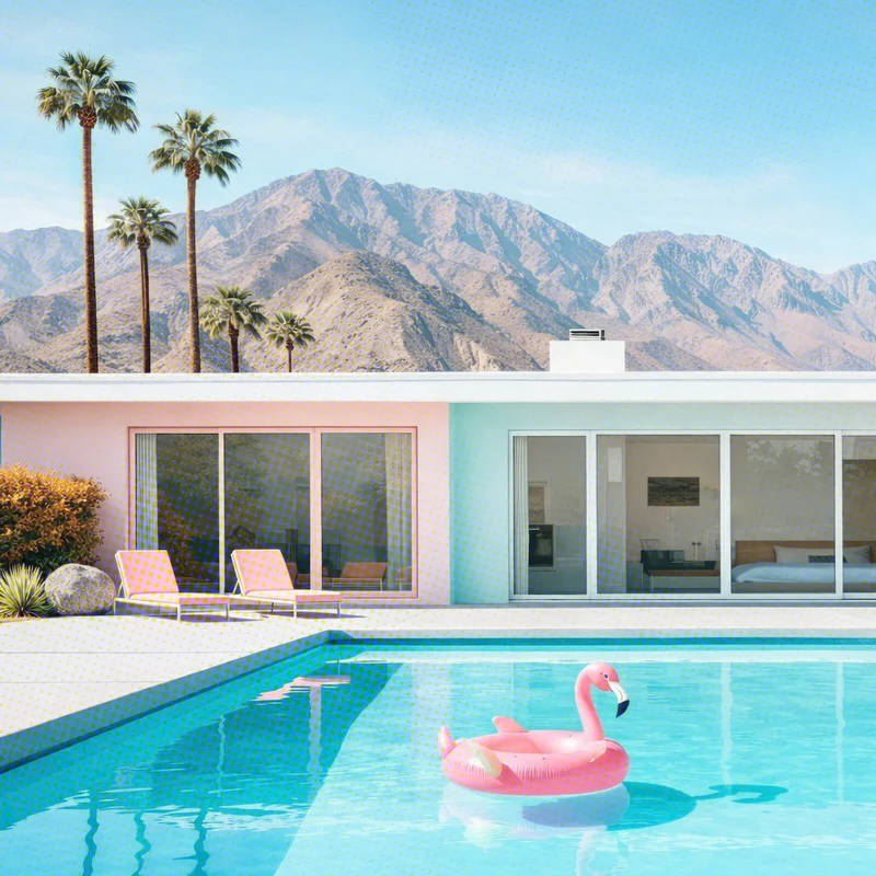 Aluminiumbild gebürstet Modernes Poolhaus mit Palmen und Bergkulisse Quadrat