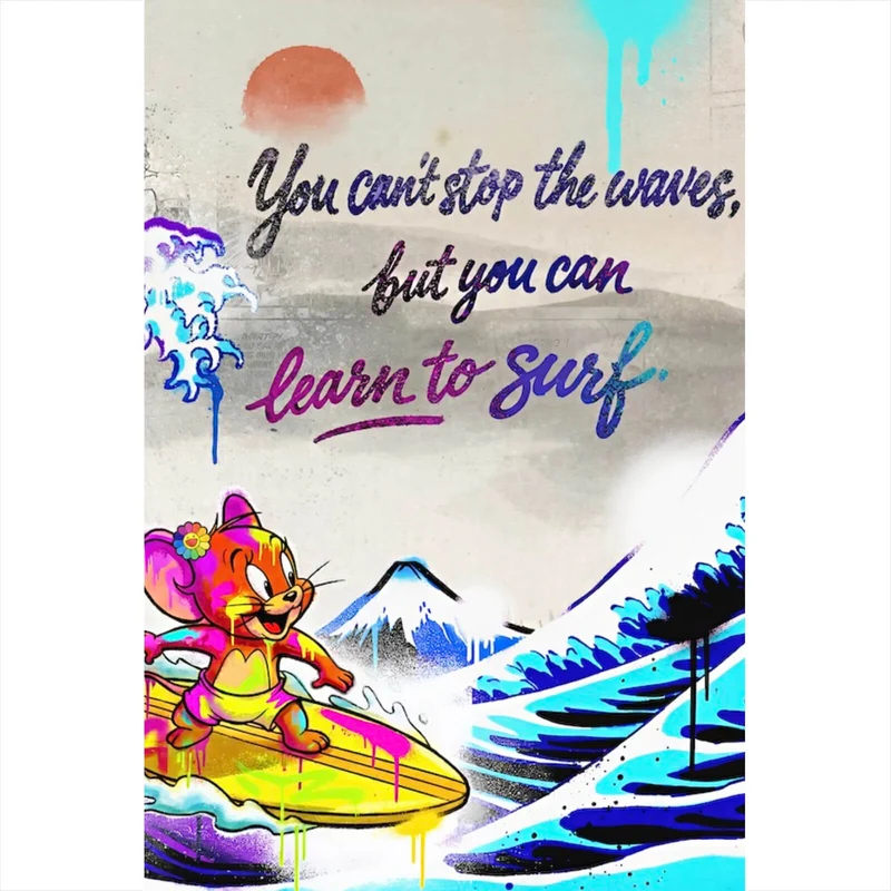 Aluminiumbild Surfer Cartoon mit Motivationsspruch Hochformat