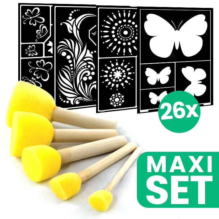 FOLK ART Painting Stencils, Set of 26 + Stippling Brush Set