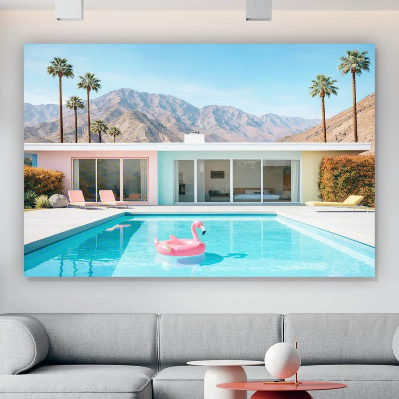 Spannrahmenbild Modernes Poolhaus mit Palmen und Bergkulisse Querformat