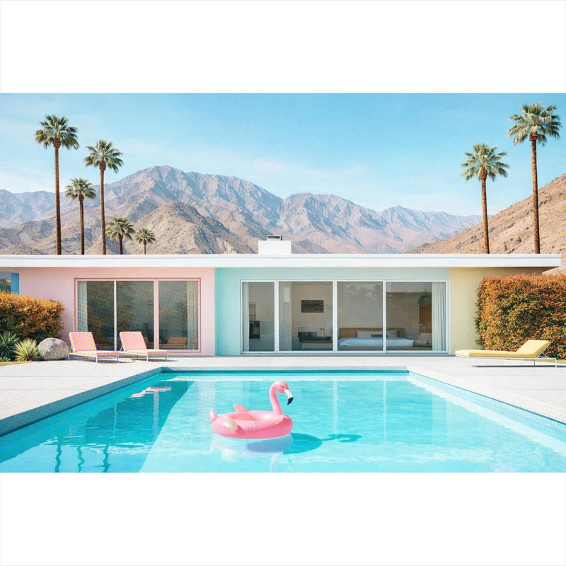 Poster Modernes Poolhaus mit Palmen und Bergkulisse Querformat