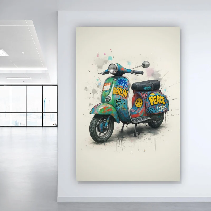 Acrylglasbild Graffiti Motorroller mit Berliner Schriftzug Hochformat