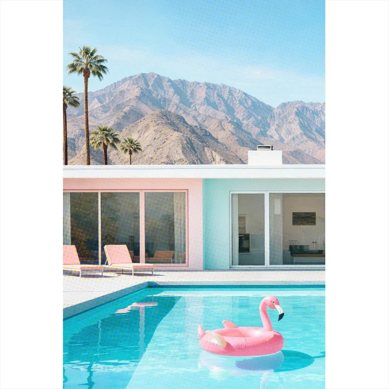 Spannrahmenbild Modernes Poolhaus mit Palmen und Bergkulisse Hochformat
