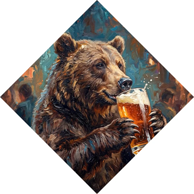 Spannrahmenbild Bär genießt Bier in rustikalem Ambiente Raute