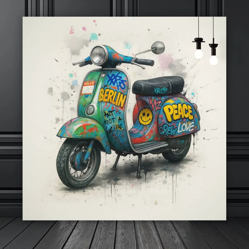 Aluminiumbild gebürstet Graffiti Motorroller mit Berliner Schriftzug Quadrat