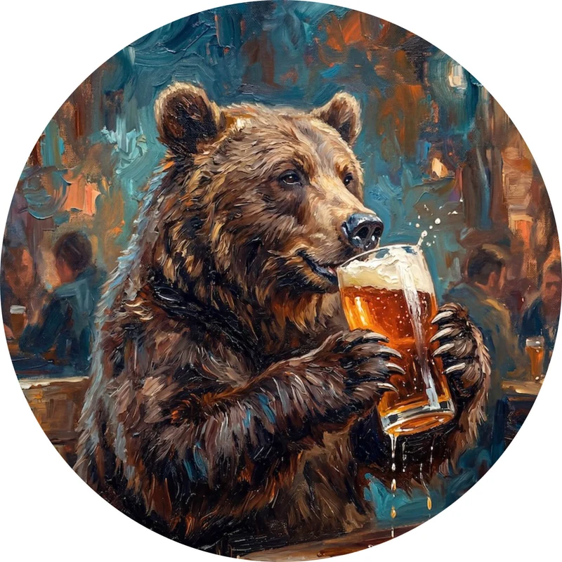 Aluminiumbild gebürstet Bär genießt Bier in rustikalem Ambiente Kreis