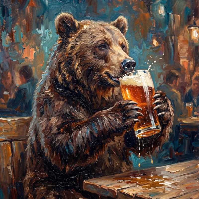 Aluminiumbild Bär genießt Bier in rustikalem Ambiente Quadrat