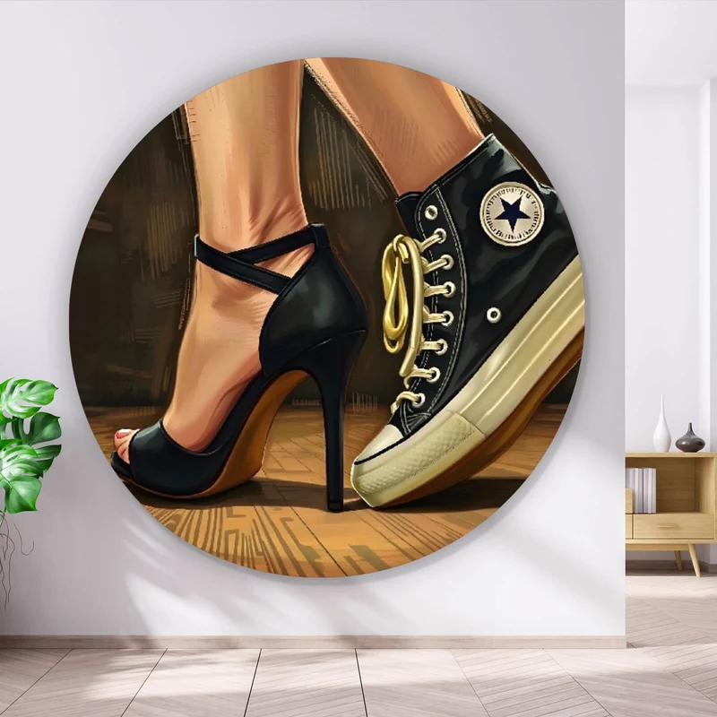 Aluminiumbild gebürstet Sneaker und High Heel Kontrast Kreis