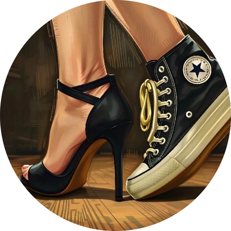 Aluminiumbild Sneaker und High Heel Kontrast Kreis