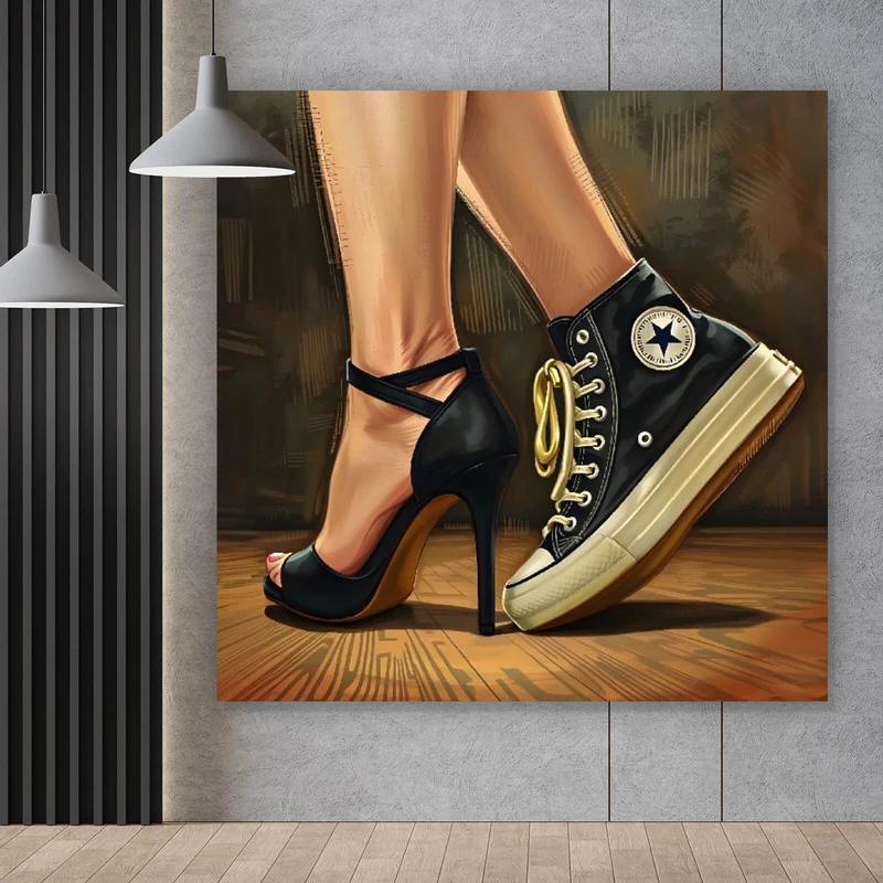 Spannrahmenbild Sneaker und High Heel Kontrast Quadrat