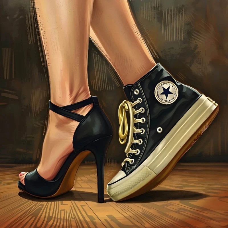 Spannrahmenbild Sneaker und High Heel Kontrast Quadrat