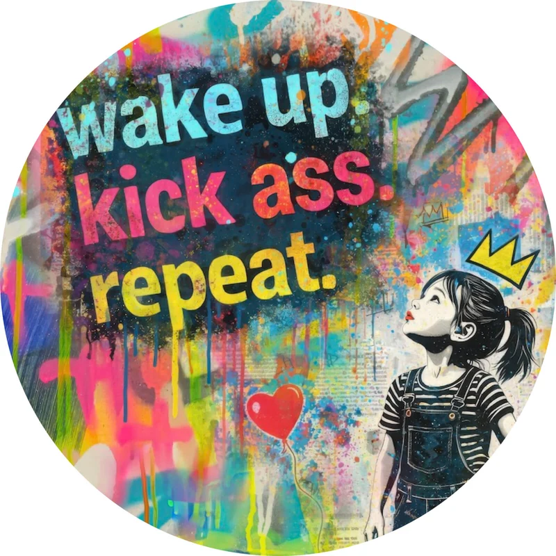 Aluminiumbild gebürstet Wake up kick ass repeat Pop Art Kreis