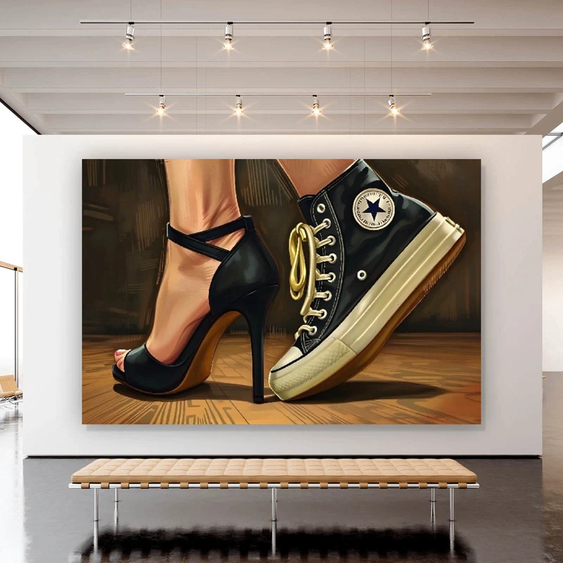 Spannrahmenbild Sneaker und High Heel Kontrast Querformat