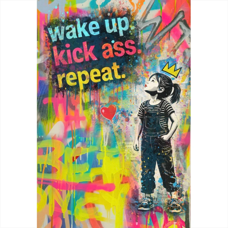 Spannrahmenbild Wake up kick ass repeat Pop Art Hochformat