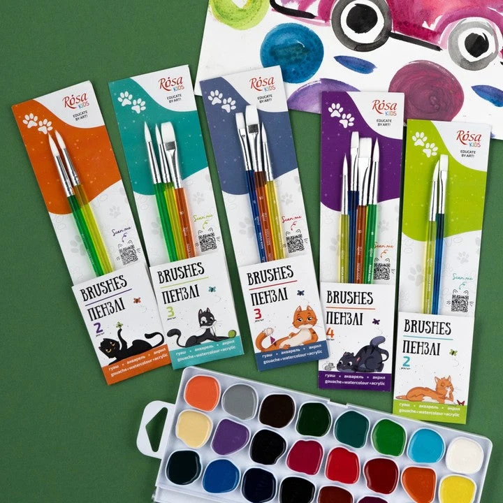 ROSA Kids Set of 3 Synthetic Brushes | Round No. 6, 8, Flat No. 10