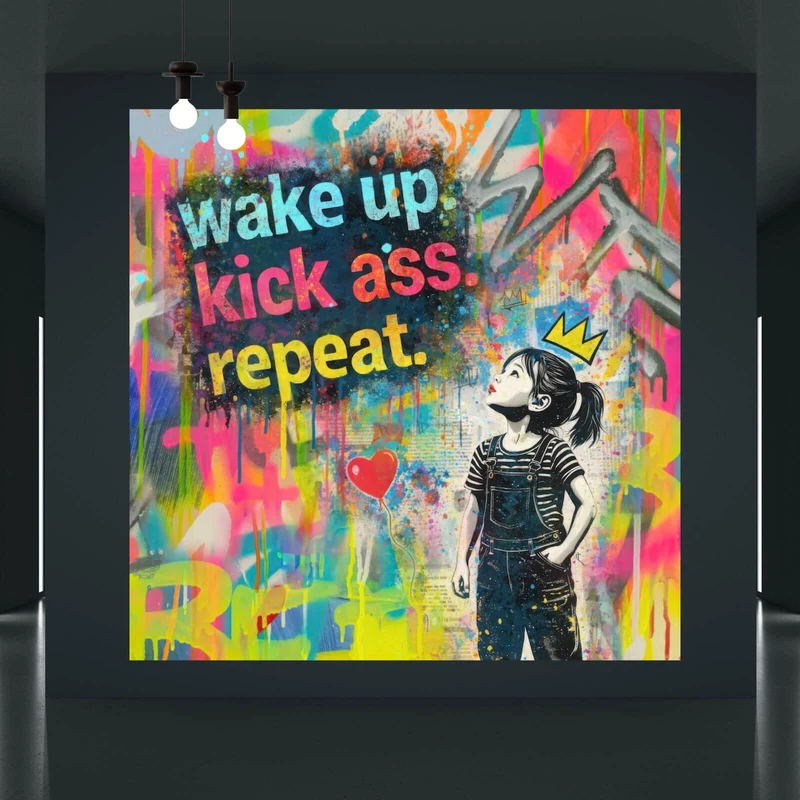 Aluminiumbild gebürstet Wake up kick ass repeat Pop Art Quadrat