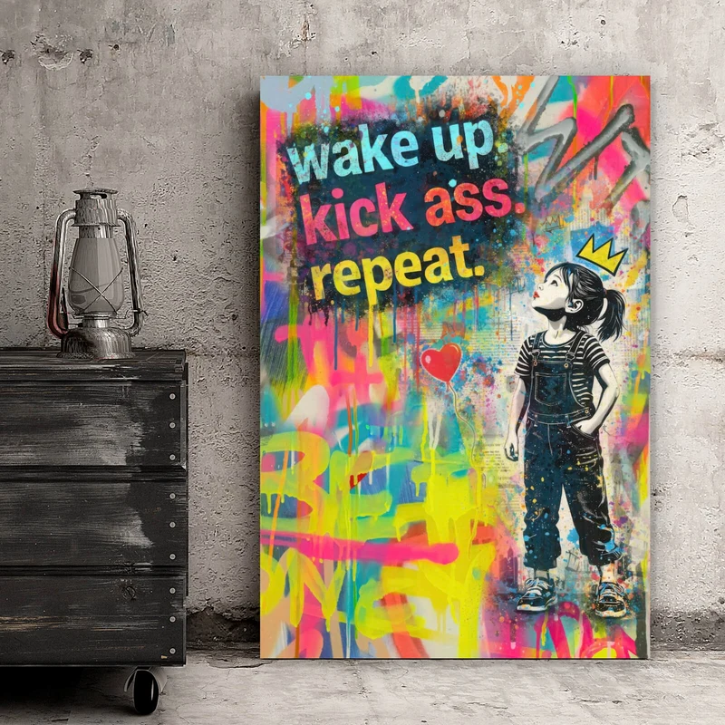 Poster Wake up kick ass repeat Pop Art Hochformat