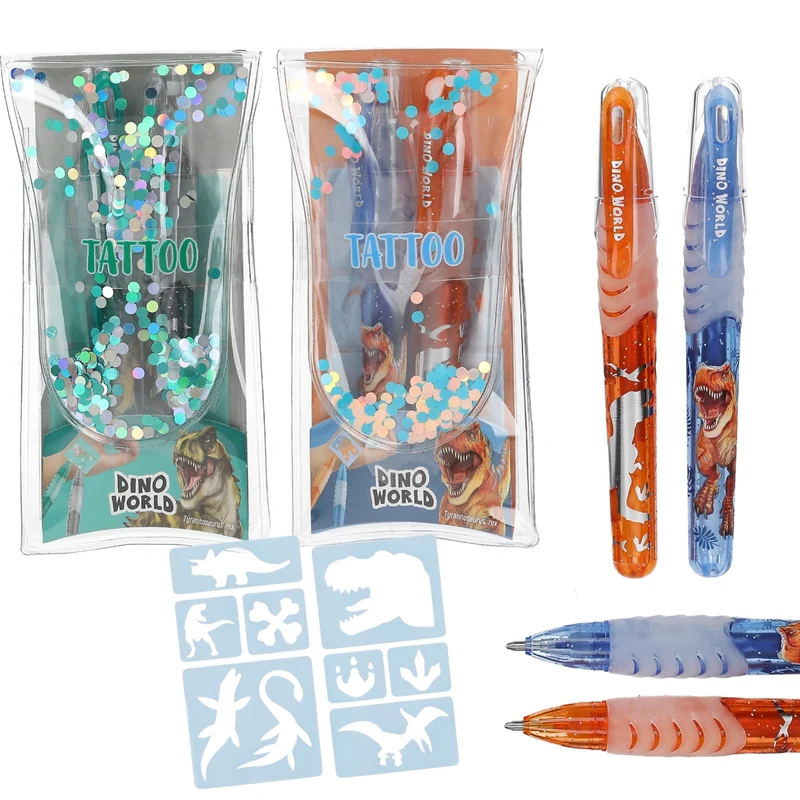 Dino World Tattoo Glitzer Gelstifte Set mit Schablonen