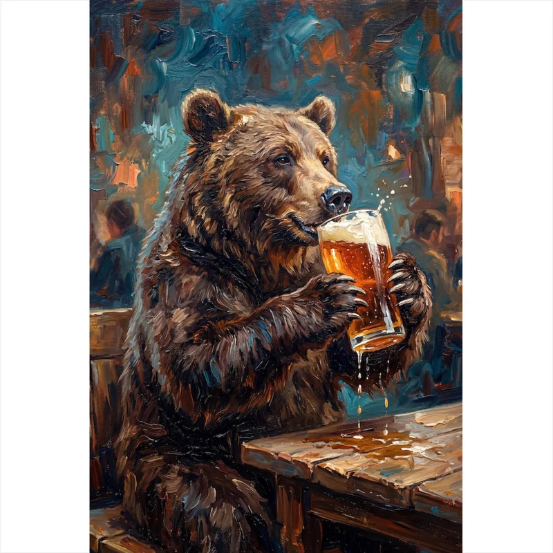 Leinwandbild Bär genießt Bier in rustikalem Ambiente Hochformat