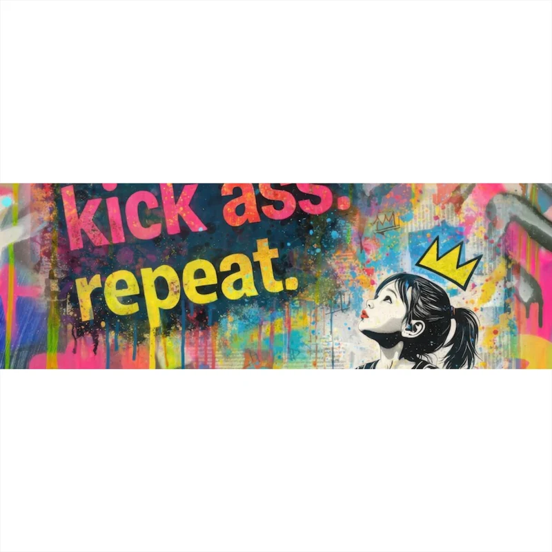 Aluminiumbild gebürstet Wake up kick ass repeat Pop Art Panorama