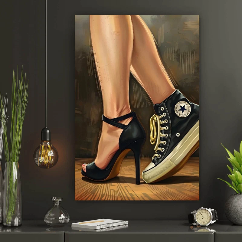 Spannrahmenbild Sneaker und High Heel Kontrast Hochformat