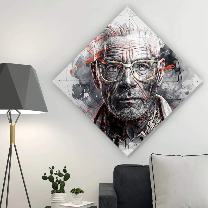 Spannrahmenbild Ausdrucksstarkes Porträt eines älteren Mannes mit Brille künstlerisch gestaltet Raute