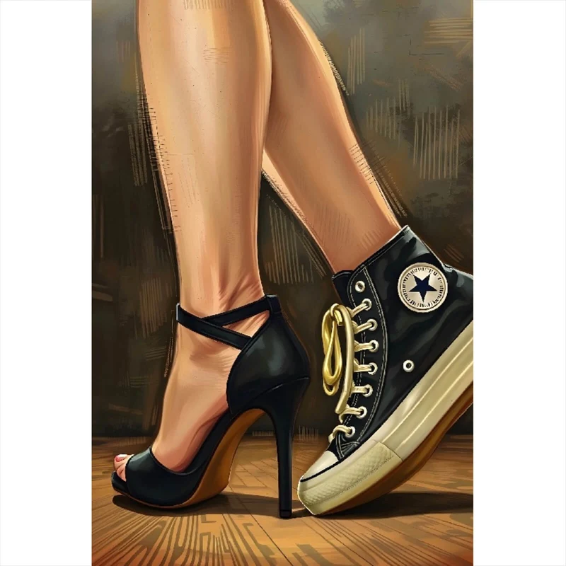 Aluminiumbild gebürstet Sneaker und High Heel Kontrast Hochformat