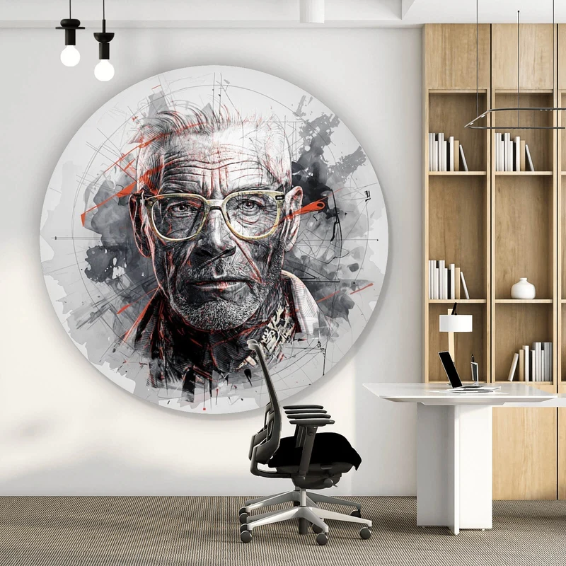 Aluminiumbild Ausdrucksstarkes Porträt eines älteren Mannes mit Brille künstlerisch gestaltet Kreis
