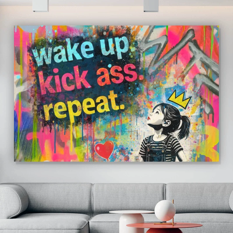 Acrylglasbild Wake up kick ass repeat Pop Art Querformat