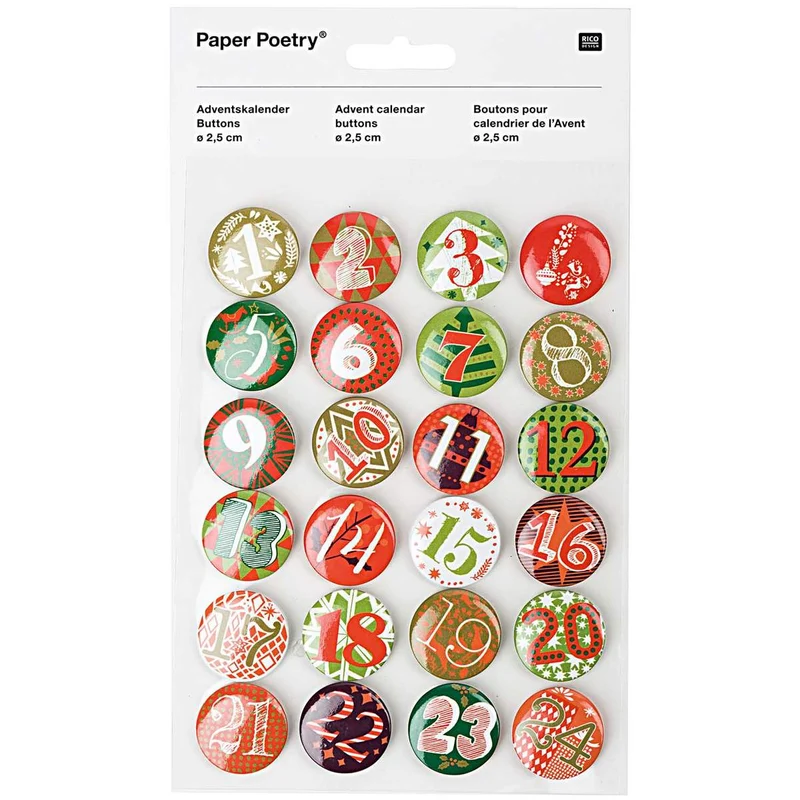 Rico Design Adventskalender Zahlen Buttons grün-rot 2,5cm 24 Stück