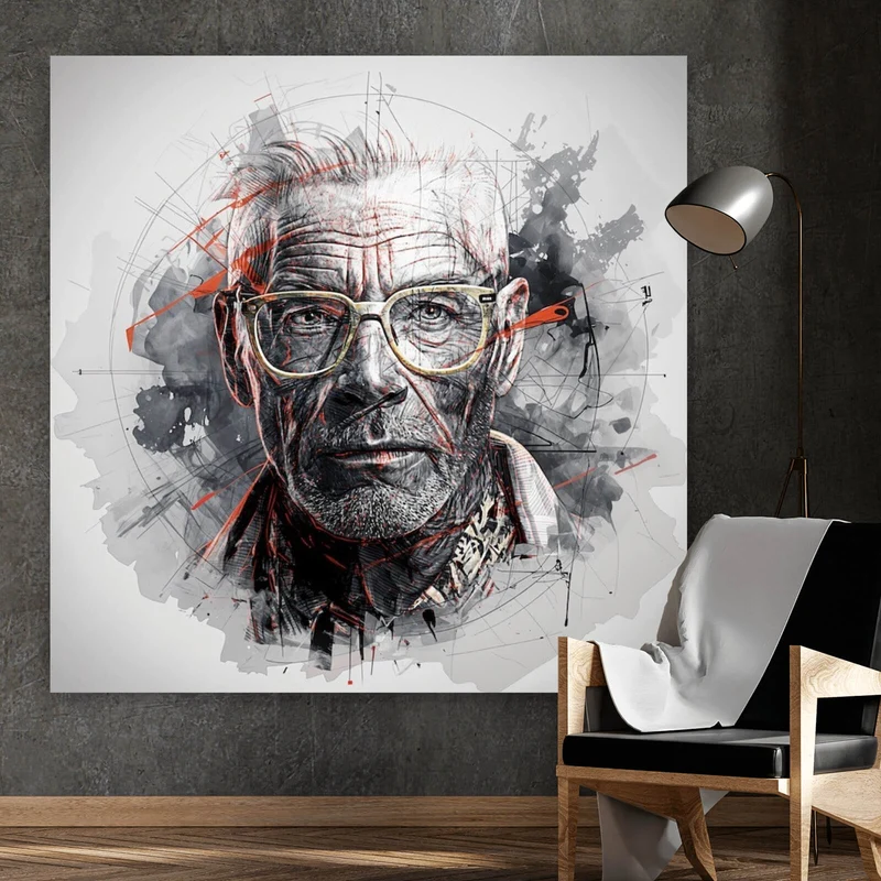 Spannrahmenbild Ausdrucksstarkes Porträt eines älteren Mannes mit Brille künstlerisch gestaltet Quadrat
