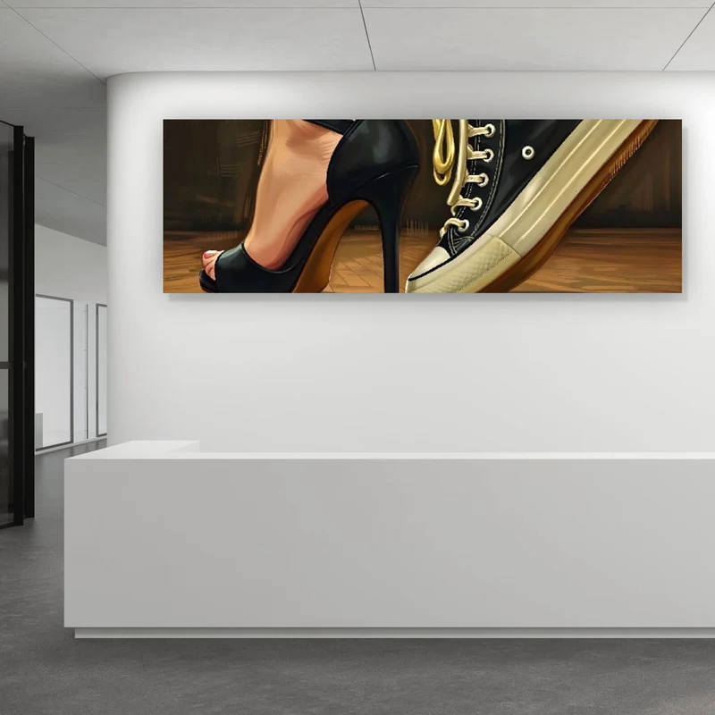 Acrylglasbild Sneaker und High Heel Kontrast Panorama