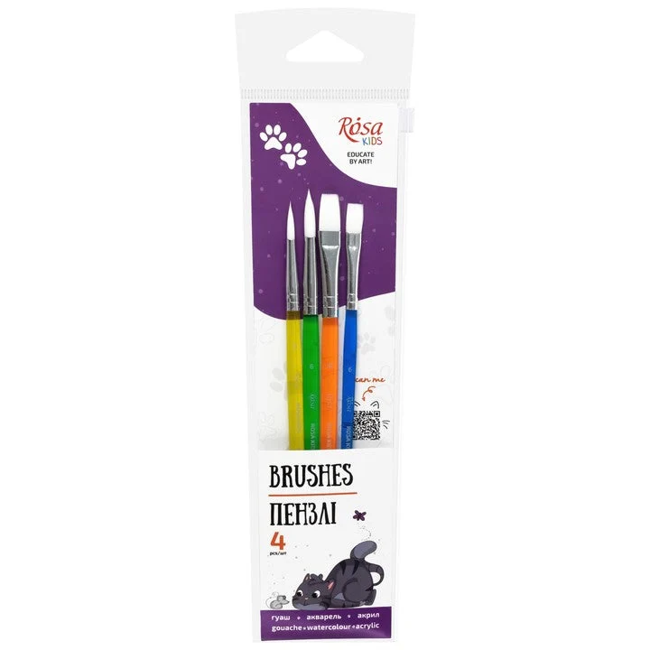 ROSA Kids Synthetic Brush Set of 4 | Round Brush No. 6, 8, Flat Brush No. 6, 10