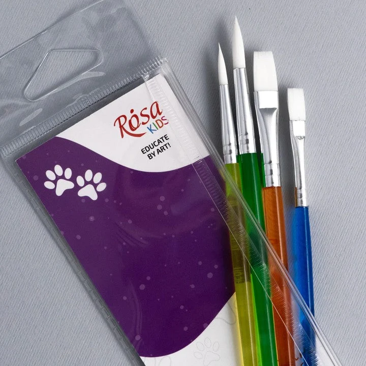 ROSA Kids Synthetic Brush Set of 4 | Round Brush No. 6, 8, Flat Brush No. 6, 10