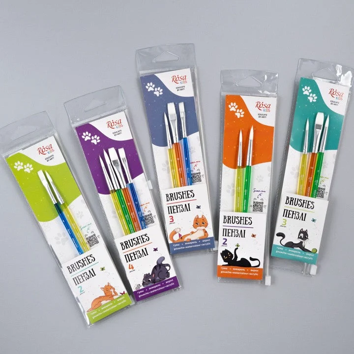 ROSA Kids Synthetic Brush Set of 4 | Round Brush No. 6, 8, Flat Brush No. 6, 10