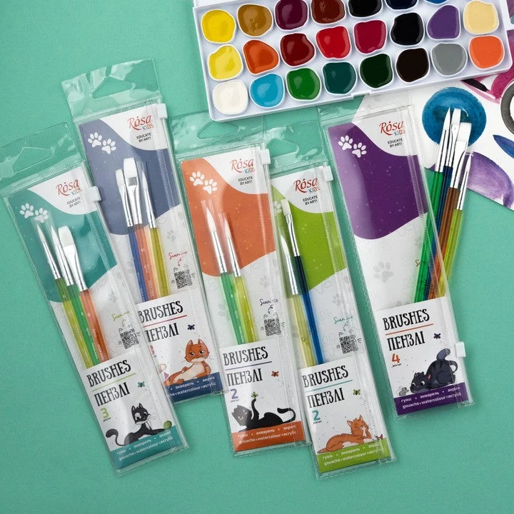 ROSA Kids Synthetic Brush Set of 4 | Round Brush No. 6, 8, Flat Brush No. 6, 10