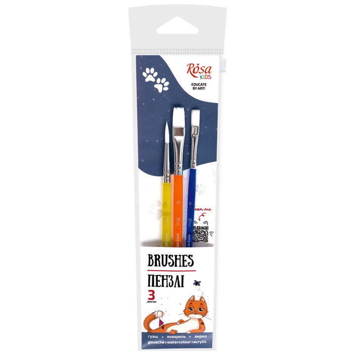 ROSA Kids Set of 3 Synthetic Brushes, Round Brush No. 6, Flat Brush No. 6, 10