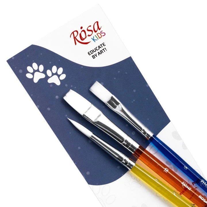 ROSA Kids Set of 3 Synthetic Brushes, Round Brush No. 6, Flat Brush No. 6, 10