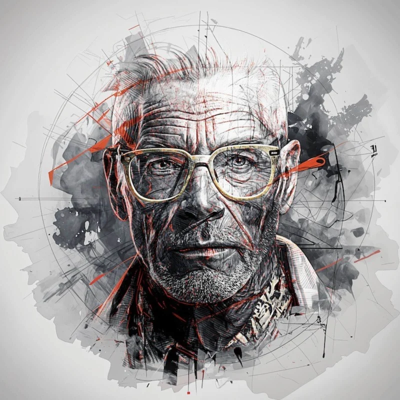 Poster Ausdrucksstarkes Porträt eines älteren Mannes mit Brille künstlerisch gestaltet Quadrat