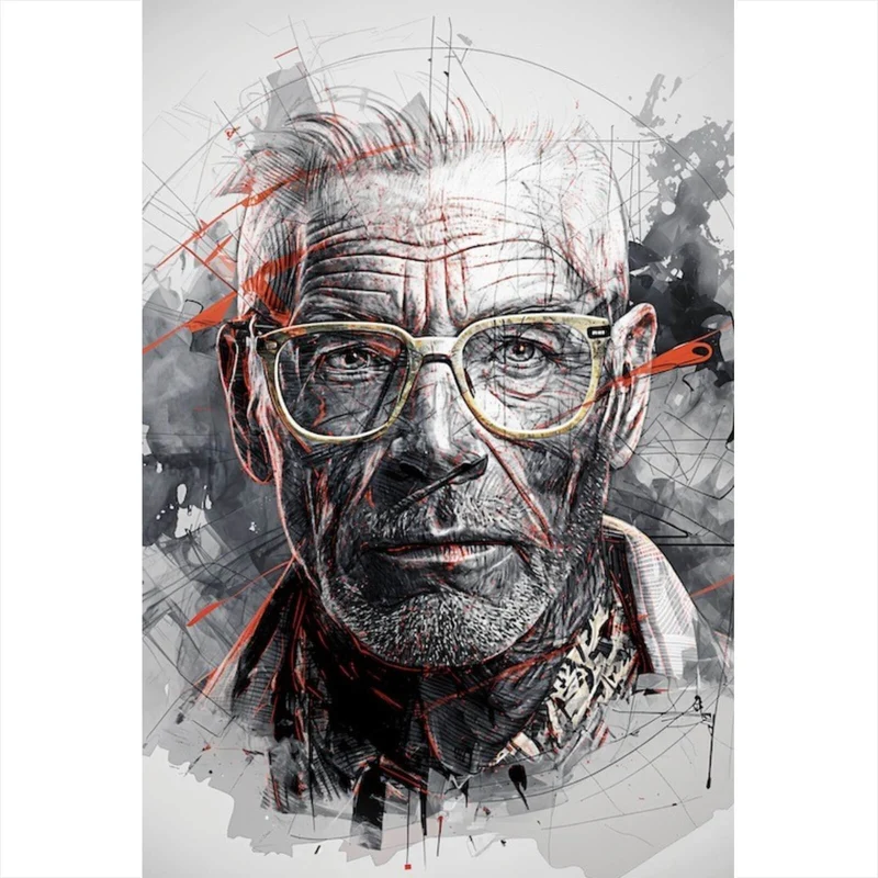 Acrylglasbild Ausdrucksstarkes Porträt eines älteren Mannes mit Brille künstlerisch gestaltet Hochformat