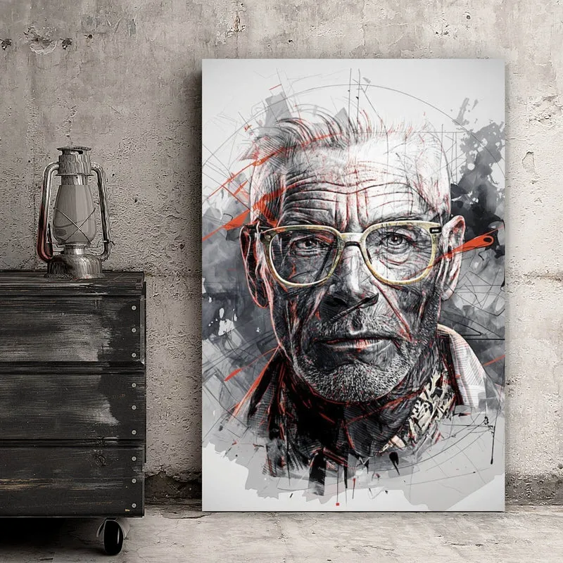 Aluminiumbild gebürstet Ausdrucksstarkes Porträt eines älteren Mannes mit Brille künstlerisch gestaltet Hochformat