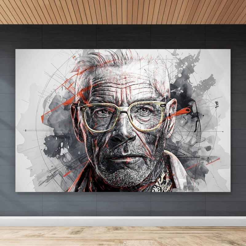 Acrylglasbild Ausdrucksstarkes Porträt eines älteren Mannes mit Brille künstlerisch gestaltet Querformat