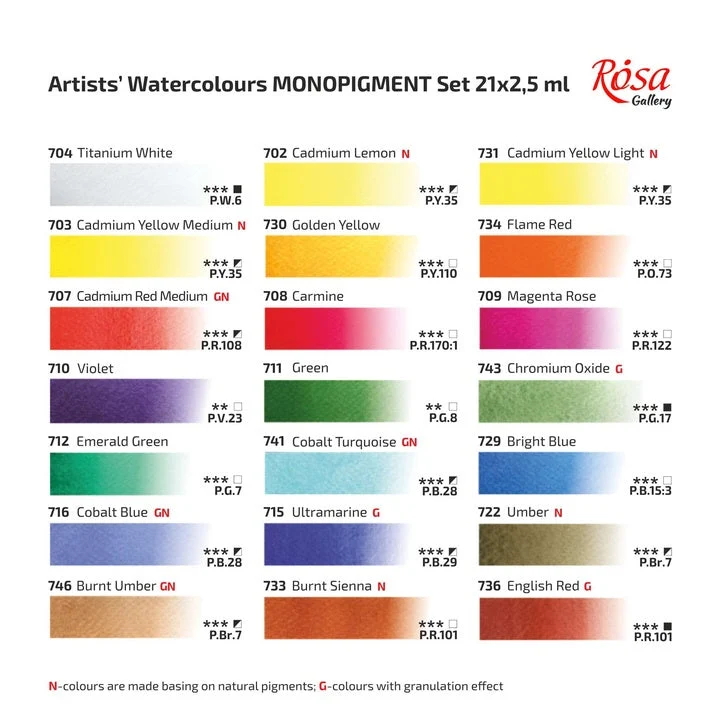 ROSA GALLERY Monopigmented Watercolor Set, Metal Case, Indigo, 21 Colors, Full Pans