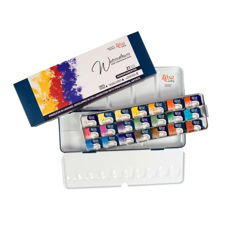 ROSA GALLERY Monopigmented Watercolor Set, Metal Case, Indigo, 21 Colors, Full Pans