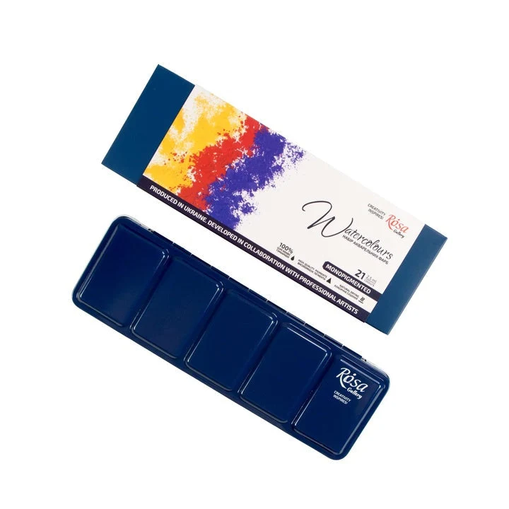 ROSA GALLERY Monopigmented Watercolor Set, Metal Case, Indigo, 21 Colors, Full Pans