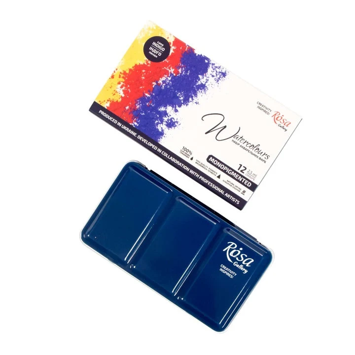 ROSA GALLERY Watercolor Set "Monopigmented", Metal Case, Indigo, 12 Colors, Full Pans