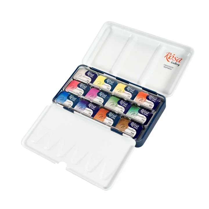ROSA GALLERY Watercolor Set "Monopigmented", Metal Case, Indigo, 12 Colors, Full Pans