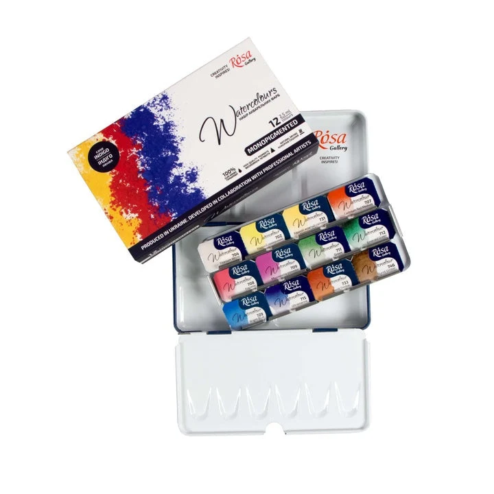 ROSA GALLERY Watercolor Set "Monopigmented", Metal Case, Indigo, 12 Colors, Full Pans