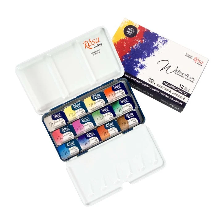 ROSA GALLERY Watercolor Set "Monopigmented", Metal Case, Indigo, 12 Colors, Full Pans